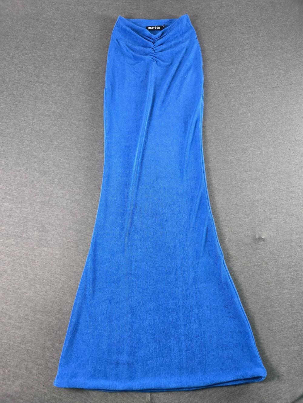 Babyboo Strapless Dress Womens XS Blue Trumpet Maxi Bodycon Ruched Waist Stretch